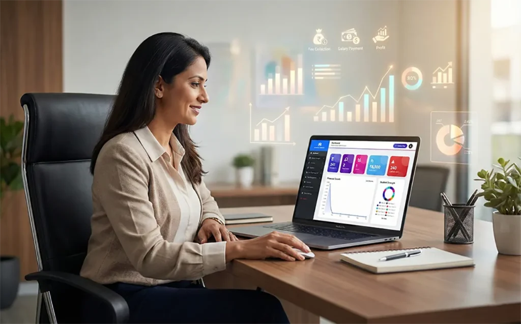 School administrator using School Management System dashboard for fee collection, reports, and financial analytics on laptop