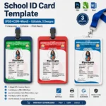 School ID Card Template – all 3 colour variants (green, red, blue), PSD CDR Word formats