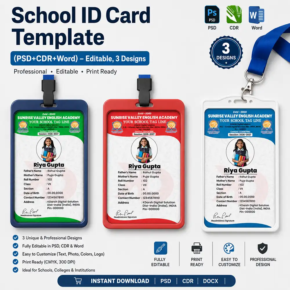 School ID Card Template – all 3 colour variants (green, red, blue), PSD CDR Word formats