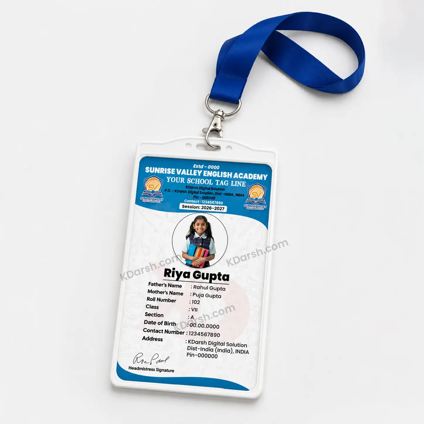 School ID Card Template – blue colour variant on lanyard, print-ready design