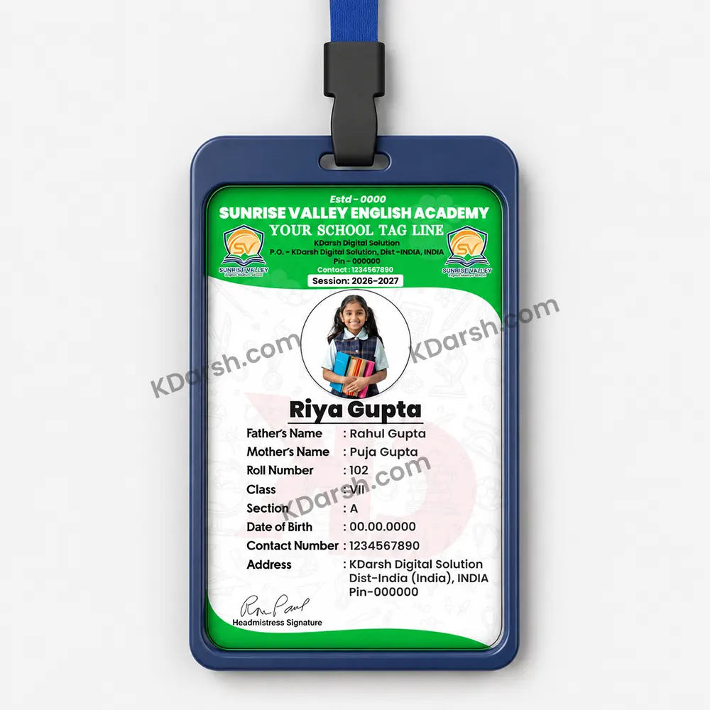 School ID Card Template – green design in blue ID card holder, editable PSD CDR Word