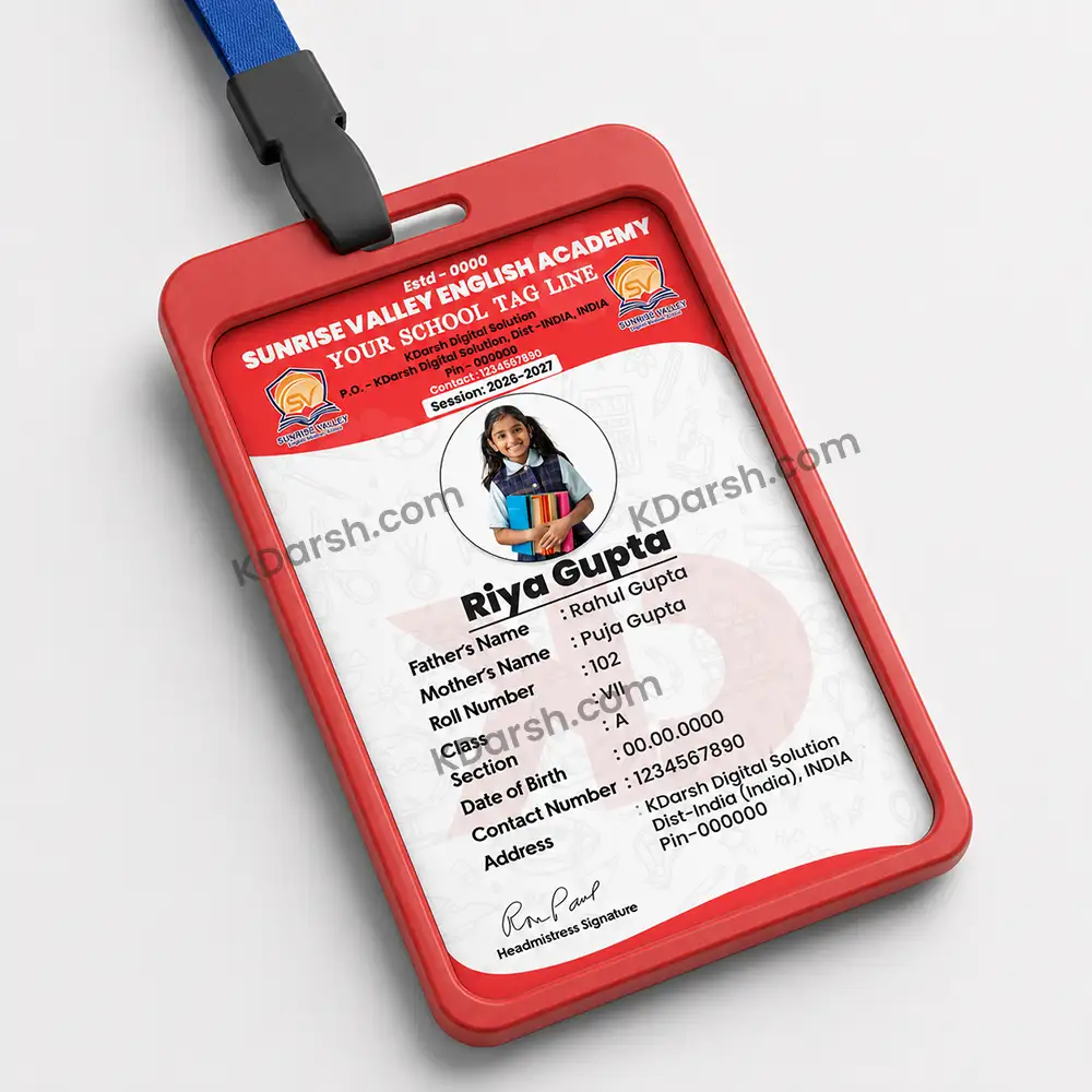 School ID Card Template – red variant shown in card holder with lanyard, editable