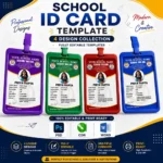 School ID Card Template – 4 colour design collection, editable PSD, CDR & Word format