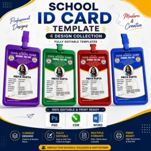 School ID Card Template – 4 colour design collection, editable PSD, CDR & Word format