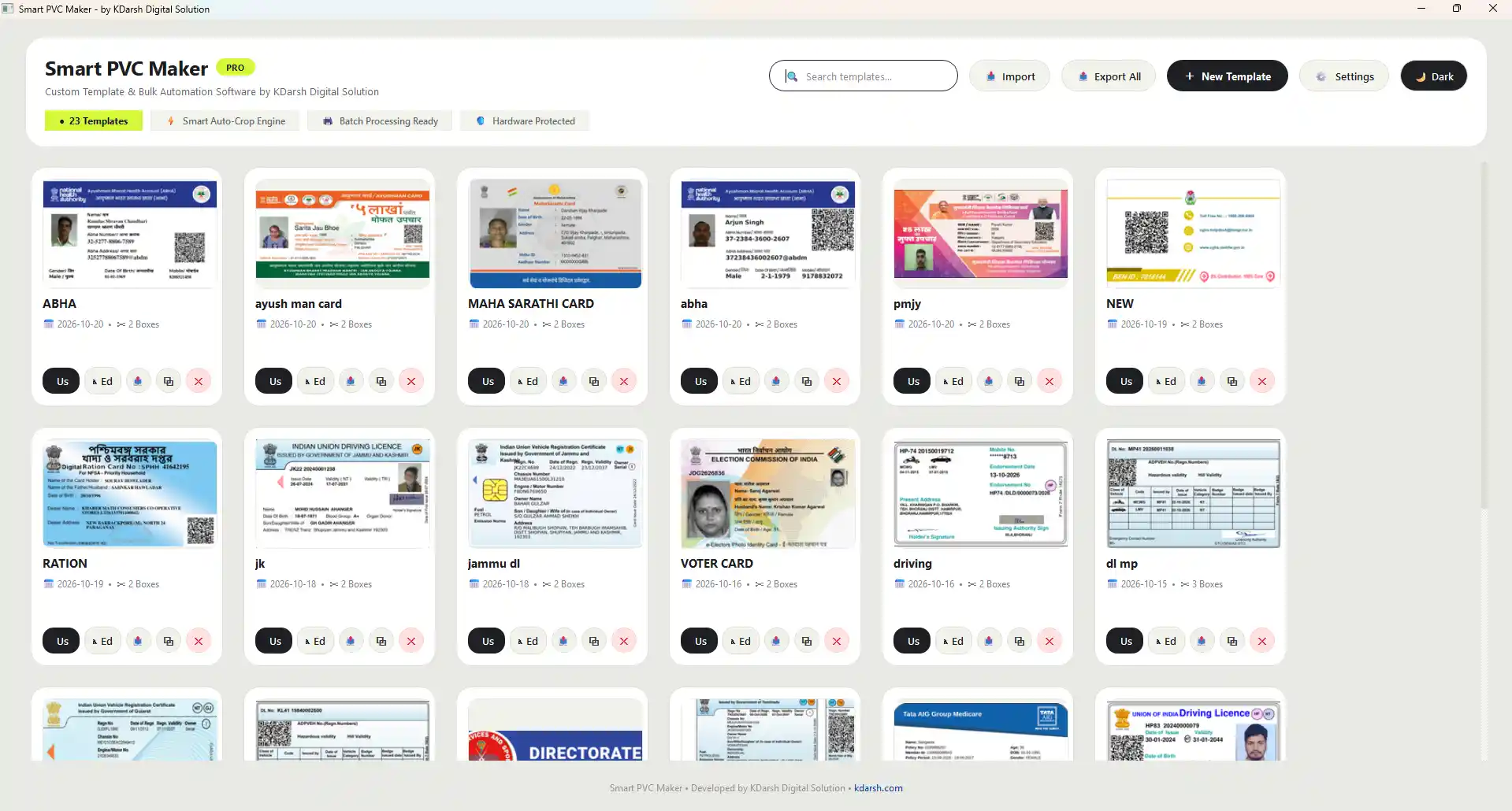 Smart PVC Maker light dashboard with document templates and crop controls